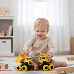 asian Set of 2 pull back dumper and crane toy for kids (Yellow) image 2