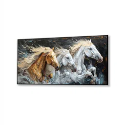 nestroots Black Canvas Framed Majestic Horses Galloping Through Meadow Wall Painting(24X48 Inch) image 3