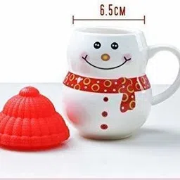creative ceramic Ceramic Snow Man With Silicon Lid Cover(1 Piece) For Kids 350 ml (Red) Ceramic Coffee Ceramic Coffee Mug image 3
