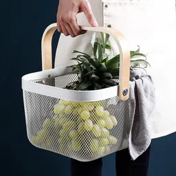 vidora Fruit Basket Bin with Bamboo Handle for Kitchen Bathroom Picnic Shopping Iron, Bamboo Fruit & Vegetable Basket image 4