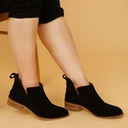 teakwood leathers Women's Black Suede Leather Blocked Heel Boots Boots For Women image 5