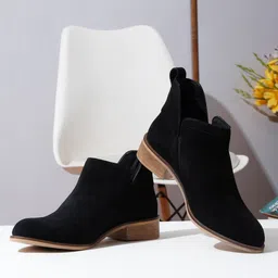 teakwood leathers Women's Black Suede Leather Blocked Heel Boots Boots For Women image 1