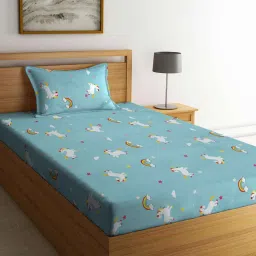 klotthe Blue Cartoon Characters 300 TC Cotton Blend Fitted Single Bedsheet with Pillow Cover image 1