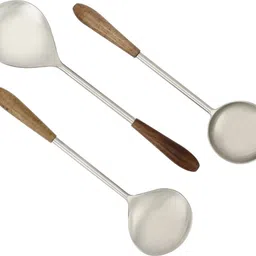vareesha Hand Crafted Wooden Handles Matt Steel Serving Spoons Set of Three Stainless Steel Cutlery Set image 3