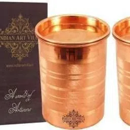 indianartvilla (Pack of 2) Lining Design Copper Glass Tumbler Cup with Lid, Serving Drinking Water, Health Benefit Yoga, 300 ML each, Pack of 2, Brown Glass Water/Juice Glass-picture-14