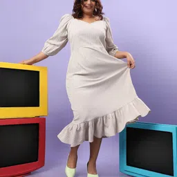 instafab plus Women A-line Grey Midi/Calf Length Dress image 3