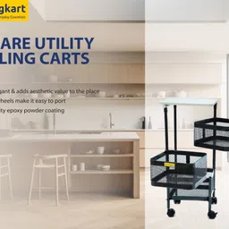 FencingKart Square Utility Rolling Carts, 3 Tier Smooth Wheels Made in India Carbon Steel Kitchen Trolley image 2