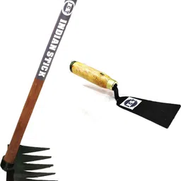 5 TEETH IRON RAKE WITH WOODEN HANDLE 70 CM & KHURPI WITH WOODEN HANDLE 25 CM Garden Tool Kit-image-6