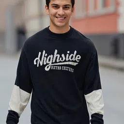 bewakoof Men Printed Round Neck White, Black Sweater image 1