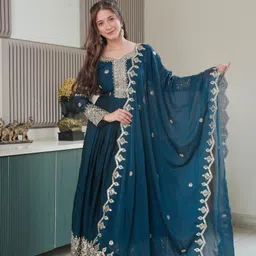 om creation Embroidered Georgette Stitched Anarkali Gown image 2