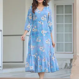 janasya Women A-line Blue Midi/Calf Length Dress image 3