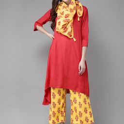 Juniper Women Coral Red & Yellow Solid Kurta with Palazzos & Stole-picture-3