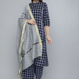 Vishudh Women Navy Blue & Off-White Checked Kurta with Palazzos & Dupatta-picture-46