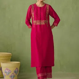 GoSriKi Ethnic Motifs Embroidered Straight Kurta with Palazzos & With Dupatta image 3