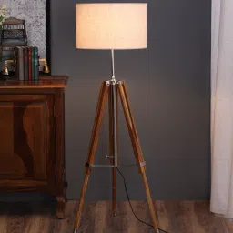 pristine interiors Brown Fabric Shade Tripod Floor Lamp with Beige Base image 1