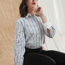 Women Regular Fit Striped Spread Collar Formal Shirt-image-85