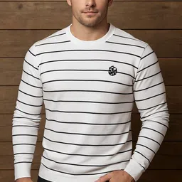 willey Men Striped Round Neck White Sweater image 2