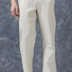 m q denim Men Regular Fit White Pure Linen Trousers image 1