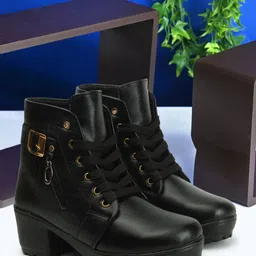 yuggi Women’s Grey Lace-Up Boots with Zip & Buckle Detail and Block Heel Boots For Women-picture-13