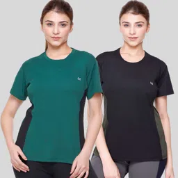 white moon Pack of 2 Women Colorblock Round Neck Polyester Multicolor T-Shirt-picture-17