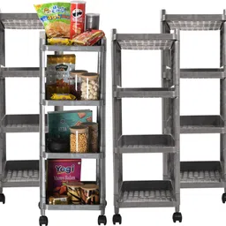 homestic Pack of 4 Multipurpose 4-Layer Office Storage Trolley Rack with Wheels | Grey Plastic Kitchen Trolley-picture-27
