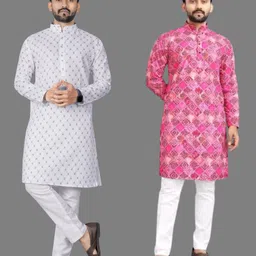 Pack of 2 Men Printed Cotton Blend Straight Kurta-image-5