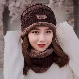 reffer Woolen Beanie Cap with Scarf Set Stretch Warm(Inside Fur) Lining for girls|Women Beanie image 1