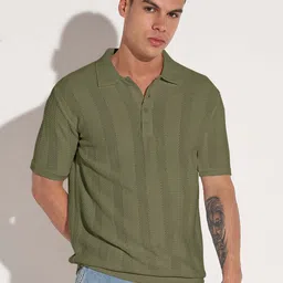 showoffff Men Solid Polo Neck Cotton Blend Green T-Shirt image 2