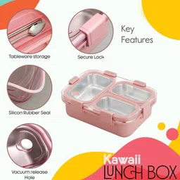 kello Stainless Steel 3 Compartment 750 ml Pink Girls Lunch Box with Spoon & Fork A72 3 Containers Lunch Box image 4