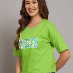 ad fashion Women Printed, Typography Round Neck Pure Cotton Light Green T-Shirt image 3