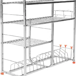irontech Utensil Kitchen Rack Stainless Steel 4 Shelf Wall Mount Kitchen Utensils Rack | Dish Rack with Plate & Cutlery Stand | Modular Kitchen Storage Rack | Kitchen Organizer (24x24 Inch) Steel-picture-32