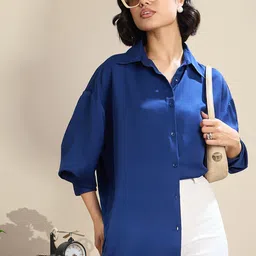 sassafras Women Oversized Fit Solid Spread Collar Casual Shirt image 2