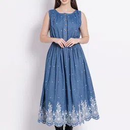 hi fashion Women Fit and Flare Blue, White Midi/Calf Length Dress-picture-26