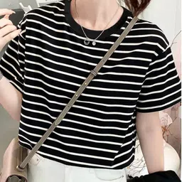 helpom Women Striped Round Neck Cotton Blend Black T-Shirt-picture-21