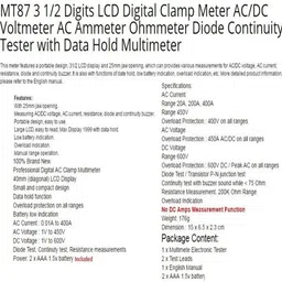 balrama MT87 3 ½ Digits Portable LCD Mini Digital Clamp Meter Multimeter Electric AC DC Current Voltage Tester Voltmeter Ammeter Ohmmeter Ampere Ohm Diode Continuity Tester Transistor Meter Diagnostic Tool with Data Hold Digital Voltage Tester image 3