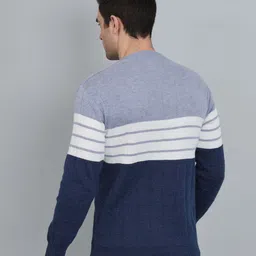 willey Men Striped Round Neck Blue, White Sweater image 2