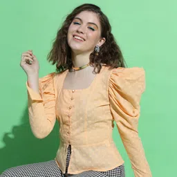 tokyo talkies Casual Puff Sleeves Embroidered Women Orange Top-picture-19