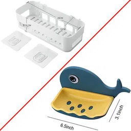 softbajar 2Bucket-2soapstand Bathroom Organizer Shelf & Whale Soap Holder Bundle – 2 Wall-Mounted Adhesive Shelves + 2 Cute Self-Draining Whale Soap Dishes, Space-Saving Set for Kids, Kitchen & Bathroom Undermount Bathtub image 2