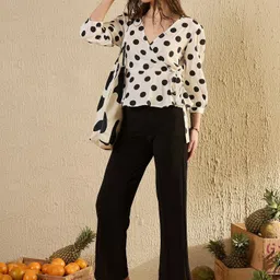 sanskrutihomes Casual Regular Sleeves Polka Print Women Beige, Black Top image 4