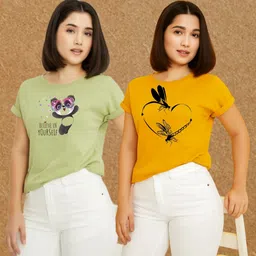 kasendra Women Printed Round Neck Polyester Green, Yellow T-Shirt-picture-15