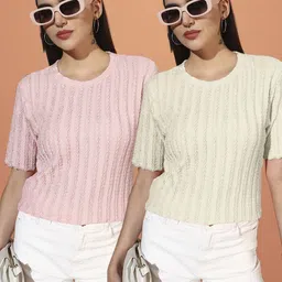 somvati Pack of 2 Women Self Design Round Neck Polyester Yellow T-Shirt-picture-21