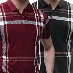 ausk Pack of 2 Men Checkered Polo Neck Cotton Blend Multicolor T-Shirt-picture-20