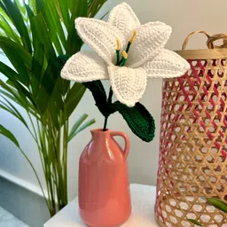 Premium Hand Knitted Crochet White Lily Stick Green, White, Yellow Lily Artificial Flower-image-0