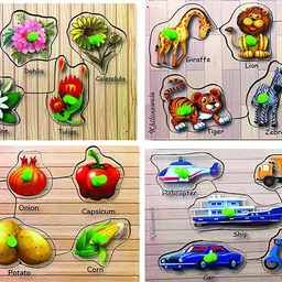 Combo of 4 Wooden Puzzle Board ~ Animal, Transport, Vegetables, Flower-image-1