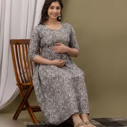 cotton mulmul store Women Fit and Flare Grey, White Midi/Calf Length Dress image 1