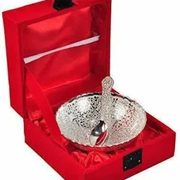 giftcity Brass Silver Plated Serving Bowl and Spoon Set of 2 Piece for Diwali Gift Silver Plated Serving Bowl (Silver, Pack of 2) Brass Decorative Platter image 2