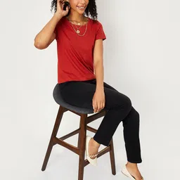 max Women Solid Round Neck Pure Cotton Brown T-Shirt image 2