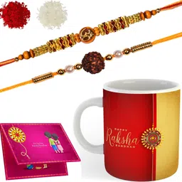 newadn Thread MR-RR-M-R35 & RAKHI 1-2-55 Gold Finish Rakhi, Chawal Roli Pack, Greeting Card, Mug Set image 3