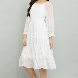 nazimpex Women A-line White Midi/Calf Length Dress image 3