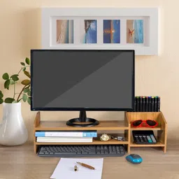 uniaart 2 Tier Wooden Monitor Stand with Storage Organizer Engineered Wood Open Book Shelf image 2